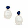 Thumbnail Image 1 of Freshwater Cultured Pearl and Lab-Created Blue Sapphire Stud Earrings in 10K Gold