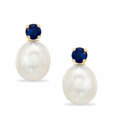 Freshwater Cultured Pearl and Lab-Created Sapphire Stud Earrings in 10K Gold