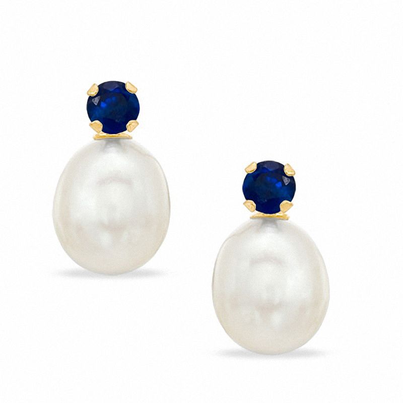 Main Image 1 of Freshwater Cultured Pearl and Lab-Created Blue Sapphire Stud Earrings in 10K Gold