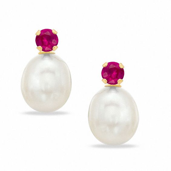 Freshwater Cultured Pearl and Lab-Created Ruby Stud Earrings in 10K Gold