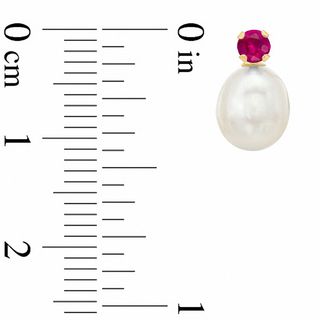 Freshwater Cultured Pearl and Lab-Created Ruby Stud Earrings in 10K Gold