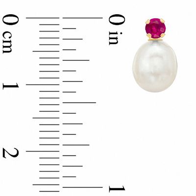 Freshwater Cultured Pearl and Lab-Created Ruby Stud Earrings in 10K Gold