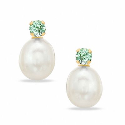 Freshwater Cultured Pearl and Synthetic Green Sapphire Stud Earrings in 10K Gold