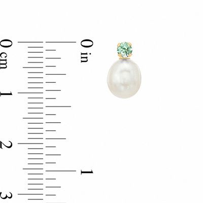 Freshwater Cultured Pearl and Synthetic Green Sapphire Stud Earrings in 10K Gold