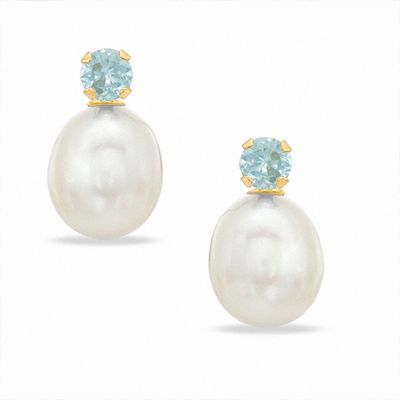 Freshwater Cultured Pearl and Lab-Created Aquamarine Stud Earrings in 10K Gold
