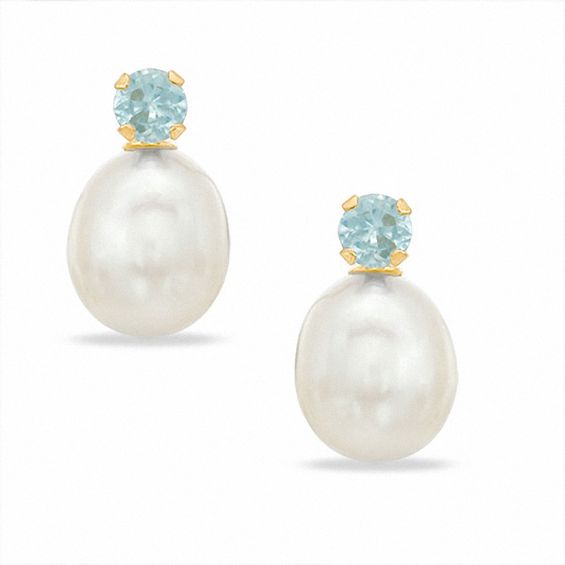Freshwater Cultured Pearl and Lab-Created Aquamarine Stud Earrings in 10K Gold