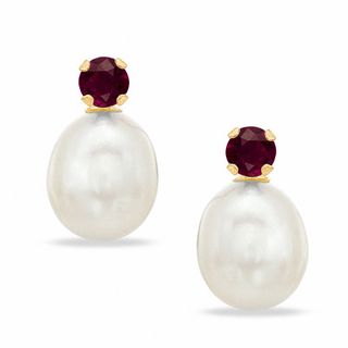Freshwater Cultured Pearl and Synthetic Garnet Stud Earrings in 10K Gold