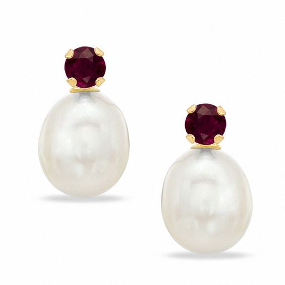 Cultured Freshwater Pearl and Synthetic Garnet Stud Earrings in 10K Gold