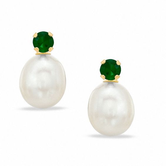 Freshwater Cultured Pearl and Lab-Created Emerald Stud Earrings in 10K Gold