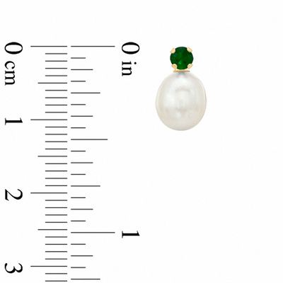 Freshwater Cultured Pearl and Lab-Created Emerald Stud Earrings in 10K Gold