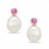 Thumbnail Image 1 of Freshwater Cultured Pearl and Lab-Created Pink Sapphire Stud Earrings in 10K Gold