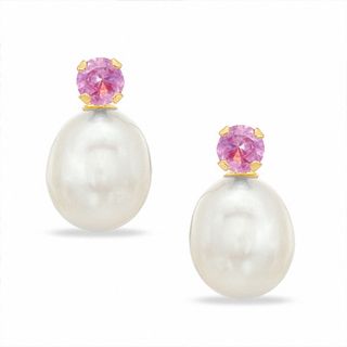Freshwater Cultured Pearl and Lab-Created Pink Sapphire Stud Earrings in 10K Gold