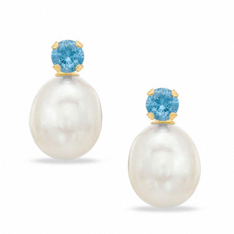 Main Image 1 of Freshwater Cultured Pearl and Lab-Created Blue Zircon Stud Earrings in 10K Gold