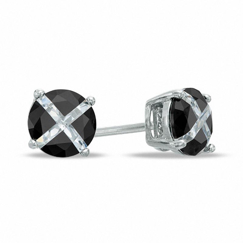 5mm Black and White Cubic Zirconia "X" Round Stud Earrings in Sterling Silver