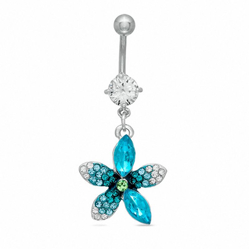 Main Image 1 of 014 Gauge Hibiscus Belly Button Ring with Cubic Zirconia and Multi-Colored Crystals in Stainless Steel