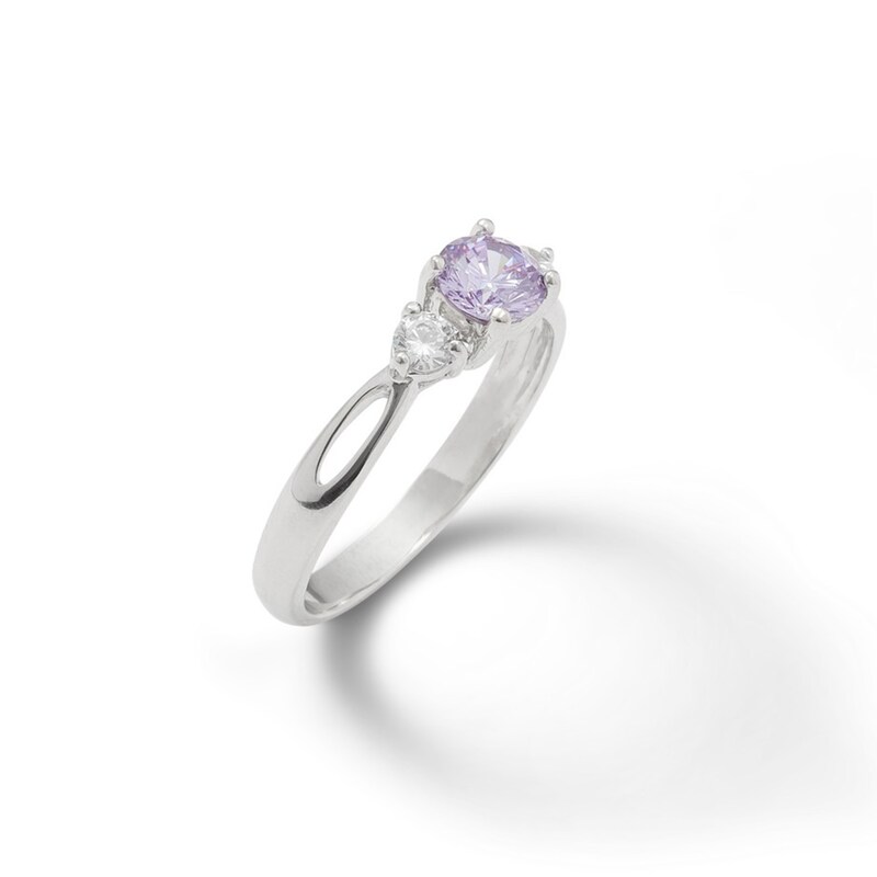 Lavender and White Cubic Zirconia Three Stone Ring in Sterling Silver - Size 8