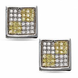 Yellow and White Cubic Zirconia Checker Square Stud Earrings in Sterling Silver