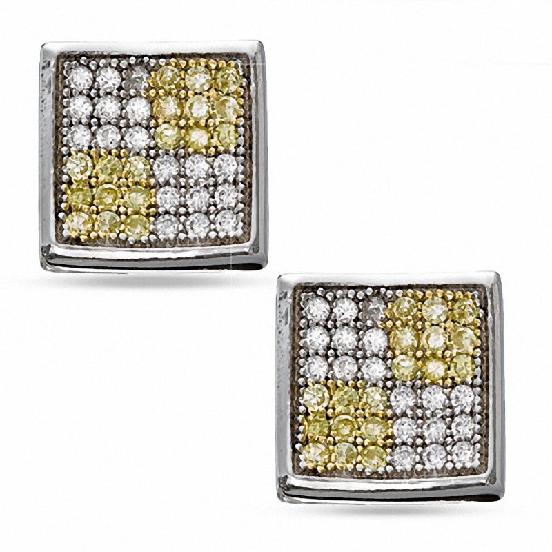 Main Image 1 of Yellow and White Cubic Zirconia Checker Square Stud Earrings in Sterling Silver