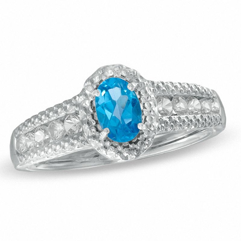 Main Image 1 of Oval Swiss Blue Topaz and Lab-Created White Sapphire Ring in Sterling Silver - Size 7