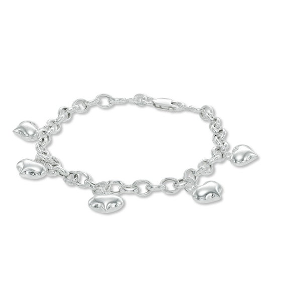 Puffed Heart Charm Bracelet in Sterling Silver - 7.5"
