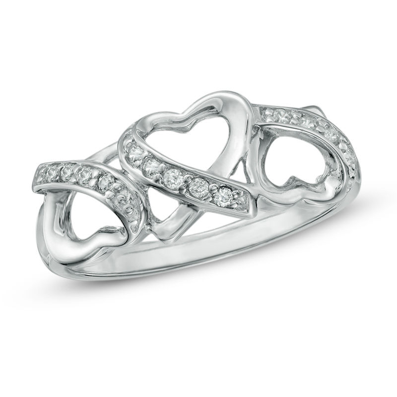 Cubic Zirconia Three Heart Ring in Sterling Silver - Size 7