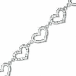 Cubic Zirconia and Polished Hearts Link Bracelet in Sterling Silver - 7.75&quot;