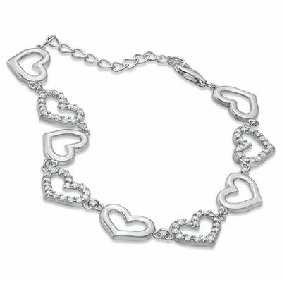 Cubic Zirconia and Polished Hearts Link Bracelet in Sterling Silver - 7.75"