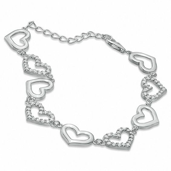 Cubic Zirconia and Polished Hearts Link Bracelet in Sterling Silver - 7.75"