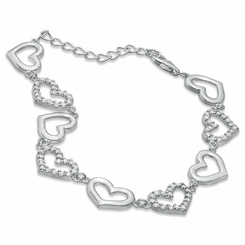 Cubic Zirconia and Polished Hearts Link Bracelet in Sterling Silver - 7.75"