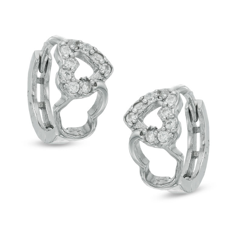 Cubic Zirconia Interlocking Heart Huggie Hoop Earrings in Sterling Silver