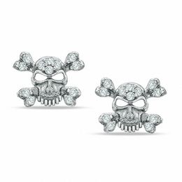 Cubic Zirconia Skull and Crossbones Stud Earrings in Solid Sterling Silver