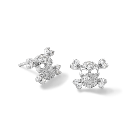 Solid Sterling Silver CZ Skull and Crossbones Studs