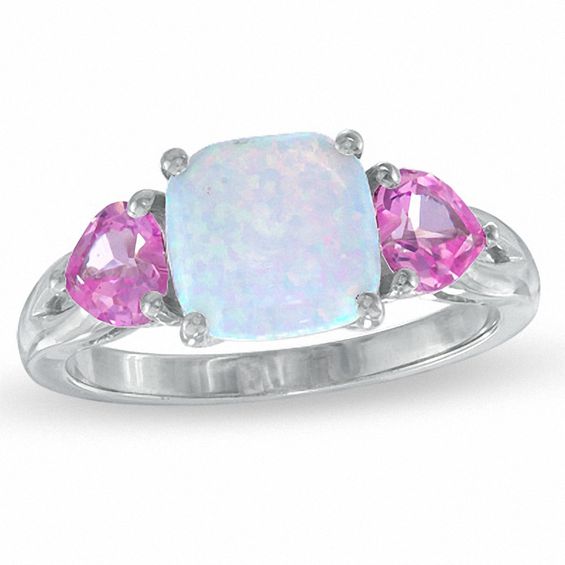 Cushion-Cut Lab-Created Opal and Heart-Shaped Pink Sapphire Ring in Sterling Silver - Size 7