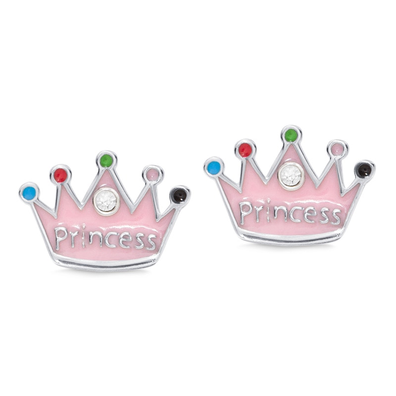 Child's Pink Enamel Crown "Princess" with Crystal Accent Stud Earrings in Sterling Silver