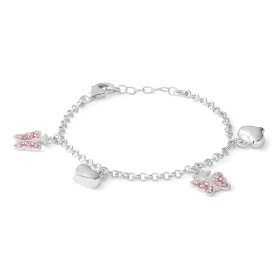 Child's Pink Crystal Butterfly and Heart Charm Bracelet in Sterling Silver - 5.5"