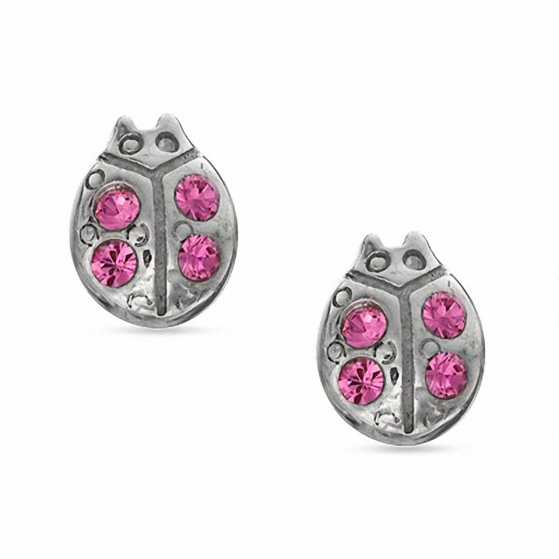 Child's Pink Crystal Ladybug Stud Earrings in Sterling Silver