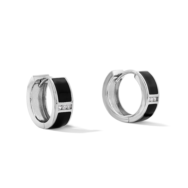 Solid Sterling Silver CZ and Black Enamel Bar Huggies