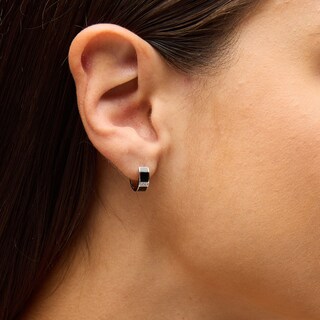 Solid Sterling Silver CZ and Black Enamel Bar Huggies