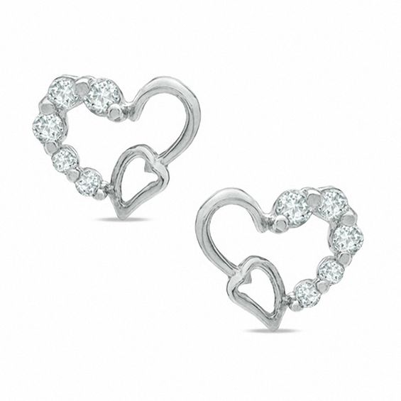 Cubic Zirconia Double Heart Stud Earrings in Sterling Silver