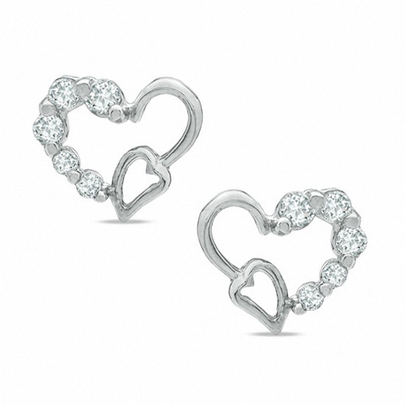 Main Image 1 of Cubic Zirconia Double Heart Stud Earrings in Sterling Silver