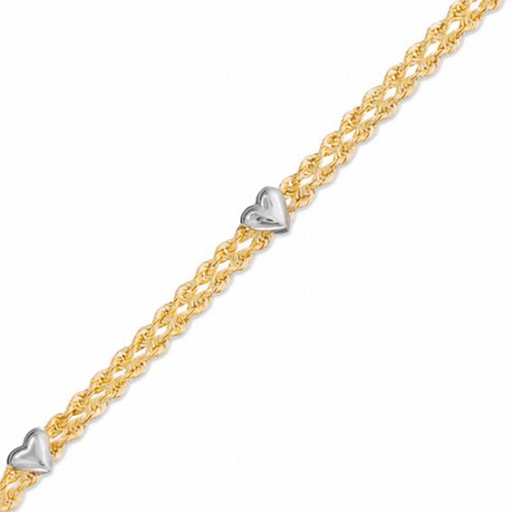 014 Gauge Hollow Double Rope Heart Chain Bracelet in 10K Two-Tone Gold - 7.5"