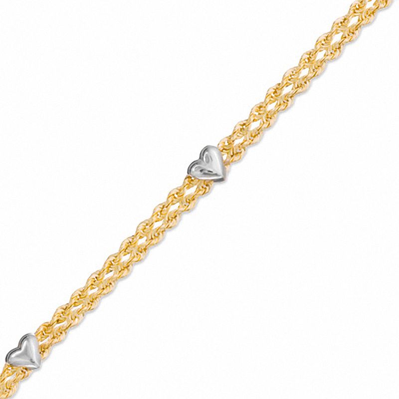 014 Gauge Hollow Double Rope Heart Chain Bracelet in 10K Two-Tone Gold - 7.5"