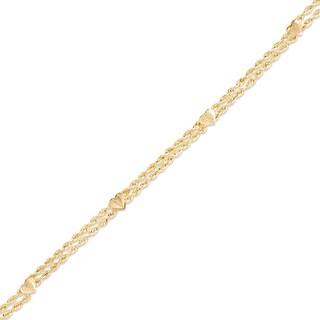 010 Gauge Hollow Double Rope Heart Chain Bracelet in 10K Gold - 7.5"