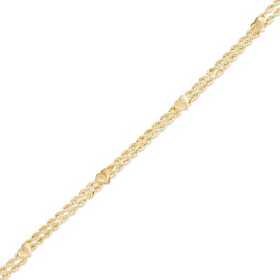 010 Gauge Hollow Double Rope Heart Chain Bracelet in 10K Gold - 7.5"