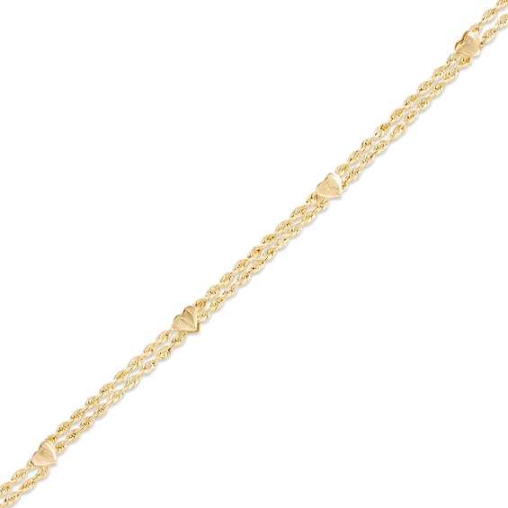 010 Gauge Hollow Double Rope Heart Chain Bracelet in 10K Gold - 7.5"