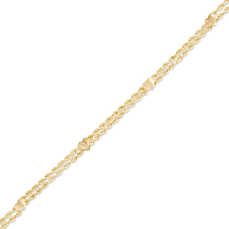 010 Gauge Hollow Double Rope Heart Chain Bracelet in 10K Gold - 7.5"