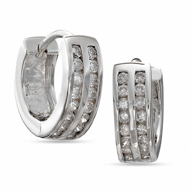 Cubic Zirconia Double Row Huggie Earrings in Sterling Silver