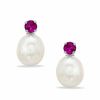 Thumbnail Image 0 of Cultured Freshwater Pearl and Lab-Created Ruby Stud Earrings in 10K White Gold