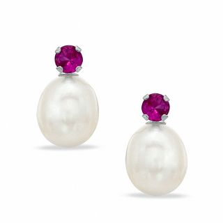 Freshwater Cultured Pearl and Lab-Created Ruby Stud Earrings in 10K White Gold