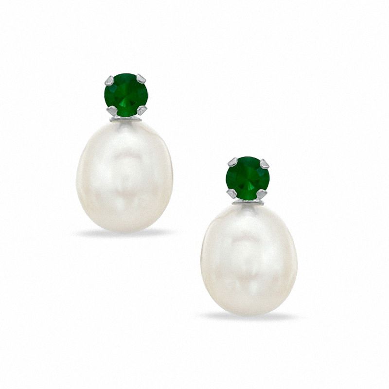 Cultured Freshwater Pearl and Lab-Created Emerald Stud Earrings in 10K White Gold
